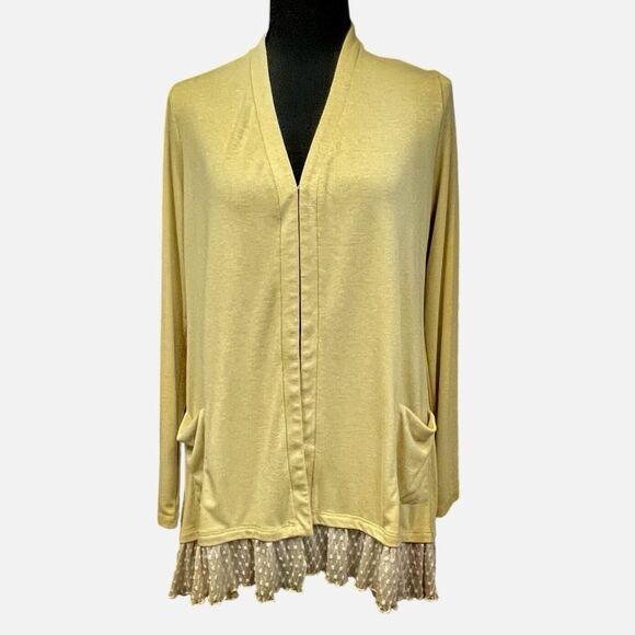 LOGO Cardigan Mustard Yellow With Ruffle Hem & Pockets Long Sleeves - Picture 1 of 10